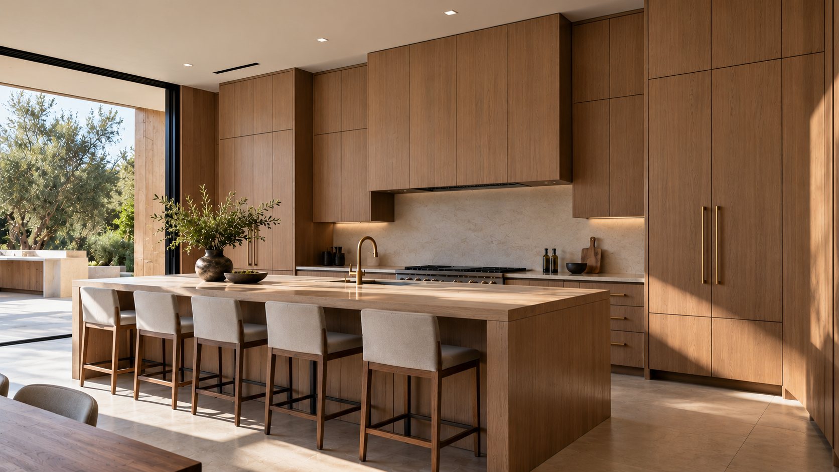 Warm wood kitchen with full-height flat-panel cabinets and a large island
